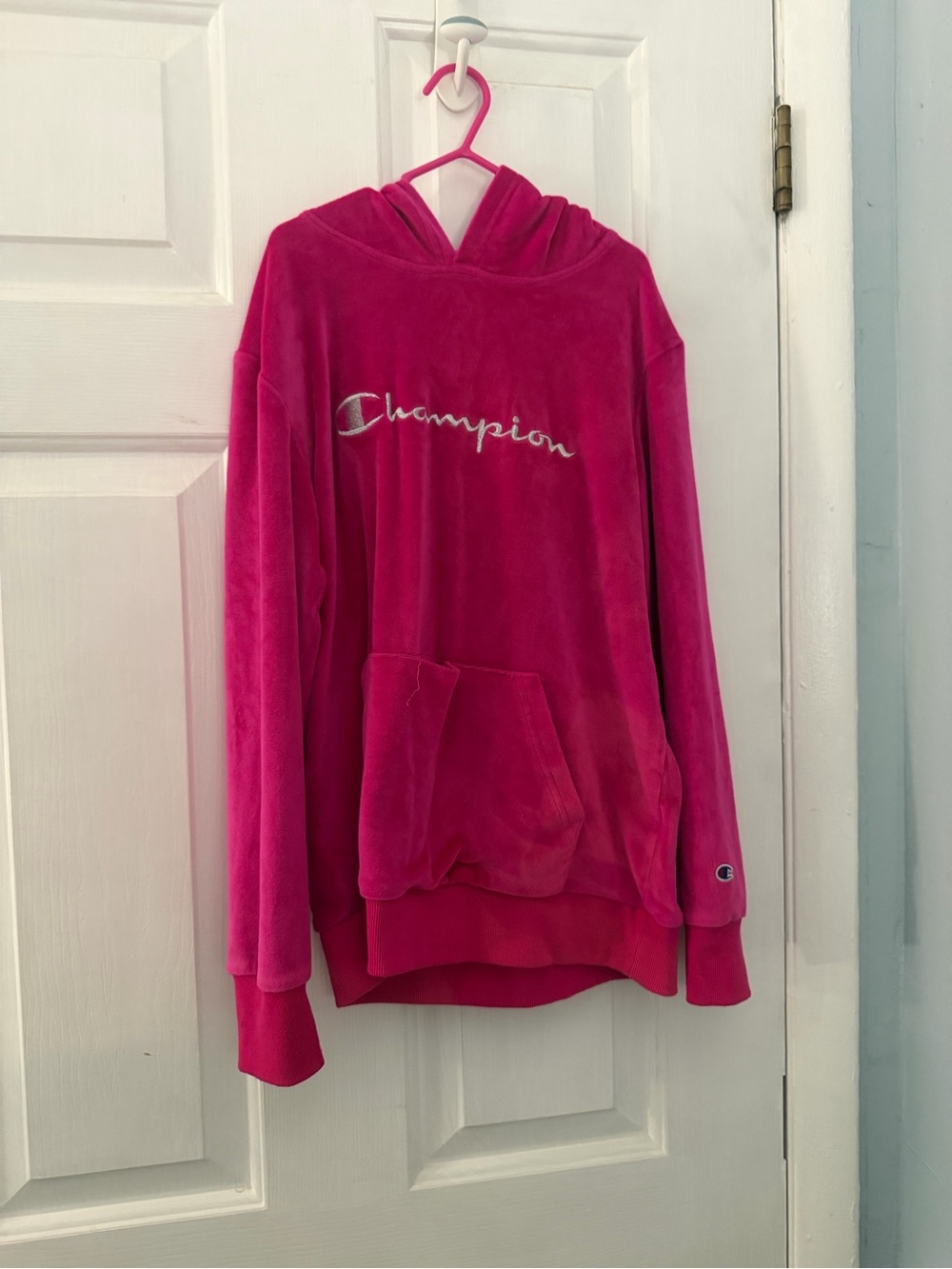 Champion Girls Large Hot Pink Velour Hoodie Embroidered Logo
